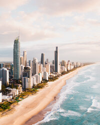 Aerial view of a beachfront city skyline