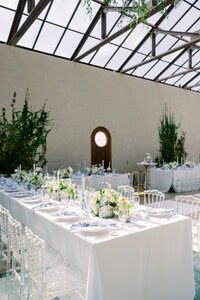 Wedding reception space in. the atrium at the Baumberhoff Wedding Venue in Edmond, Oklahoma.
