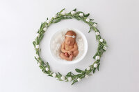 newborn baby girl in white with white flowers around her
