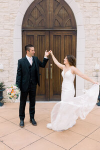 Bride and groom walk up memorial steps at their DC wedding