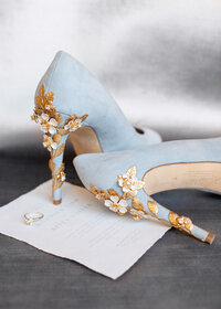 Misty blue Amy Blossom wedding shoes by Harriet Wilde. The perfect wedding heels to personalize any romantic wedding look!