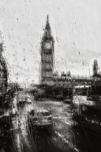 London street on a rainy day in black and white