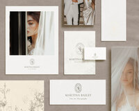 Flat lay of the Martina Bailey Fine Art Photography branding suite, featuring Canva logo templates, romantic stationery mockups, and soft editorial photography—ideal for wedding and elopement photographers seeking a timeless visual identity.