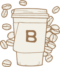 Line drawing of a coffee cup with a lid and a “B” on the sleeve, surrounded by scattered coffee beans—perfect for any white label designer or those interested in launching their own white label web design course.