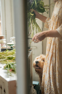 Pittsburgh wedding florist Heavenly Blooms snipping bottom of floral bouquet while her dog sits and watches