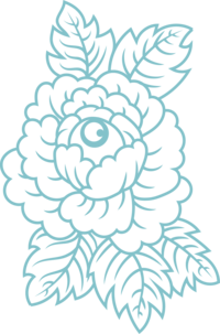Teal peony with an eye in the center -- brand element