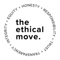The Ethical Move logo in [white on black] [with values in a circle outline: Honesty, Responsibility, Trust, Transparency, Integrity, Equity]