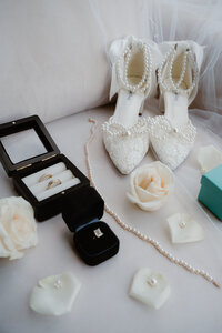 photo of pink and blue wedding details and stationary
