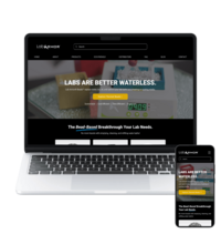 Mockup of a science-themed business website for Lab Armor, with a clean layout, dark hero banner, and desktop and mobile previews