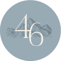 Circle icon with a line drawing mountain range behind the number 46.