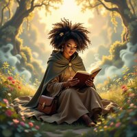 Girl sitting in a meadow reading a book at sunrise