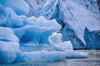 Close-up view of blue ice formations and glacier walls beside a body of water.