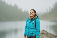 girl walk through the redwood