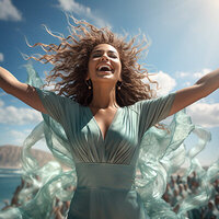 Femme avec un grand sourire robe bleu, énergique, bras levés.