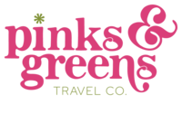 Pinks & Greens Travel Co. Logo shows a workmark logo in bright pink with bright green accents.