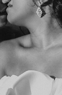 intimate black and white photo of bride and groom kissing