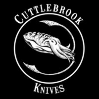 Black and white circular logo featuring a detailed cuttlefish illustration surrounded by the text "Cuttlebrook Knives."