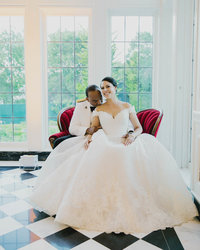 Cadid up close portrait of Bride looking to her left
