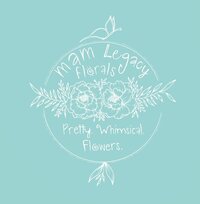 Teal background with white whimsical handwriting and flowers