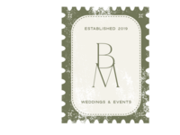 Distressed olive and cream stamp graphic with "BM, weddings and events, established 2019"