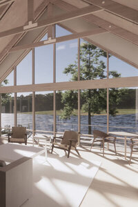 Osterville waterfront home design in Cape Cod with large windows, tall ceilings, and modern architecture by Boston interior decorators Boston MA.