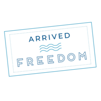 Graphic for Mahlia Christine Creative that looks like a passport stamp and says Arrived Freedom in blue