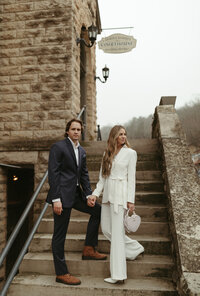 Editorial elopement portrait on the staircase