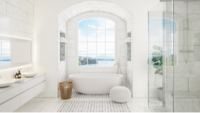 Luxury bathroom with freestanding tub in Kuna custom home
