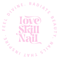 Pink, circular logo with Love Skill Nail in the center and circular text reading: "Feel divine. Radiate beauty. Nails that inspire"
