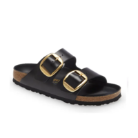 Black slide-on sandal with gold buckle