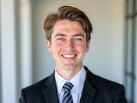 A high school senior guy wears a suit for a headshot during his photo session.