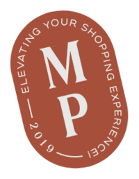 A red oval shaped stamp with 'elevating your shopping experience 2019' outlining the inside of the shape with the letters 'M' 'P' filling the center vertically.