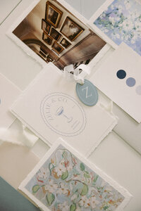 A closeup of a wedding invitation suite flat lay