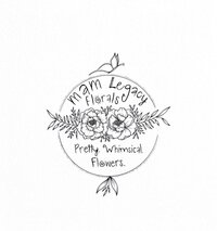 Black handwriting logo of MAM Legacy Florals a circle around it