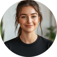 Woman with hair in a ponytail smiling and wearing a black shirt