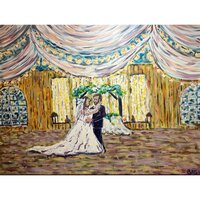a painting of a newly wed couple at their wedding having their first dance