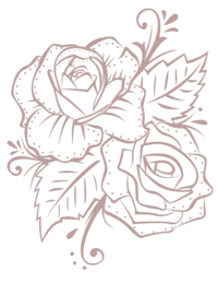 A line drawing of an open rose with foliage surrounding.