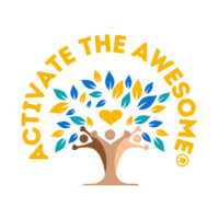 Activate the Awesome logo with words in yellow above a tree graphic. The trunk is formed by three  silhouettes of people with varying skin tones and arms raised. The leaves are yellow, teal, and blue surrounding a yellow heart in the center.