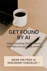Flat lay image of a digital workspace with a laptop, coffee, notepad, and phone — promoting a free AI Discovery Checklist for photographers and creatives.