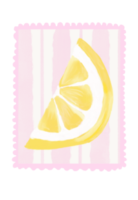 vaaleanpunainen postimerkki, jossa puolikas sitruuna