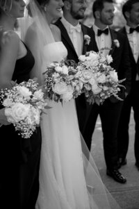 black and white photos of bride and bridesmaids holding their bouquets