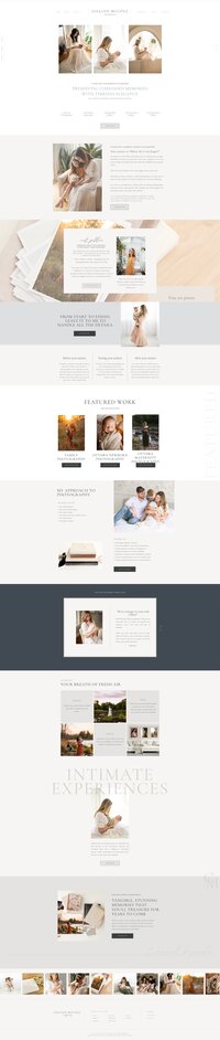 A webpage displays a photography service with sections on portfolio, client testimonials, frequently asked questions, and contact information. Showcasing various images of people and events throughout, it also highlights showit web design for luxury photographers to enhance brand and identity services.