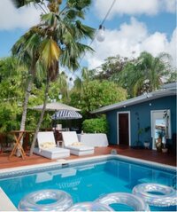Tropical resort pool scene with a beachy backdrop and palm trees under sunny skies.