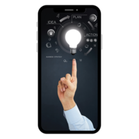 Phone screen with image of a hand pointing to an idea lightbulb