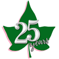 A pink and green ivy leaf  with silver chrome lettering that reads "25 years"