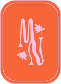 Pink Mellow Nectar Co Sublogo with "MN" in wavy font and hand-drawn leafy illustrations on bright orange background.