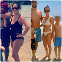 Women standing in a one piece on the beach