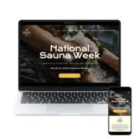 Website mockup displaying National Sauna Week campaign for Finlandia Foundation National, featuring bold typography and branded sauna imagery on desktop and mobile screens