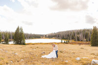 Bride and groom posing on their wedding day in the Snowy Range Mountains near Laramie, Wyoming.