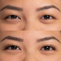 Woman's eyelashes before and after eyelash extensions